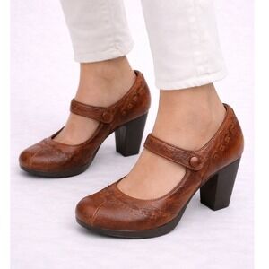 MIA Peep Toe Mary Jane‎ Heels Brown Leather Embossed Chunky Block Heel Shoes 8M
